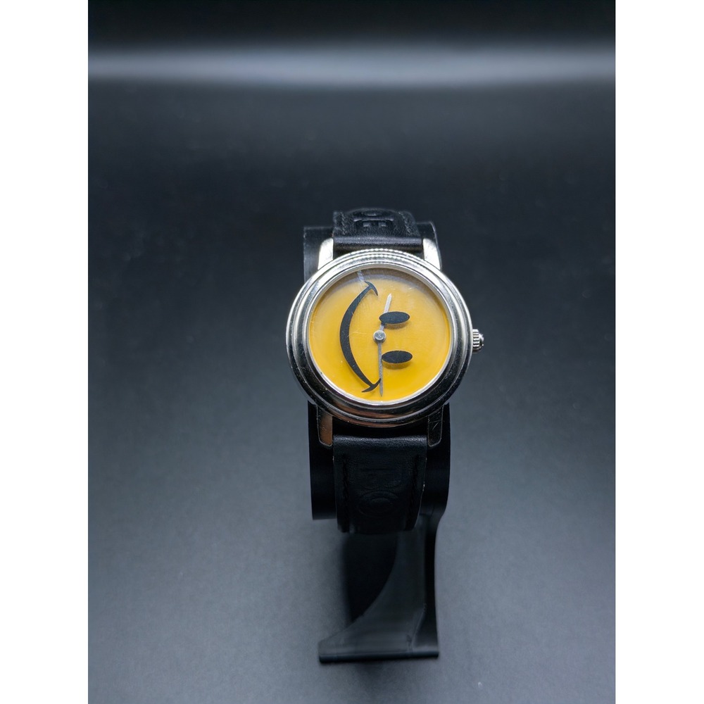 Vintage 1993 Joe Boxer Timex Smiley Face Watch Yellow Dial Black Leather Strap